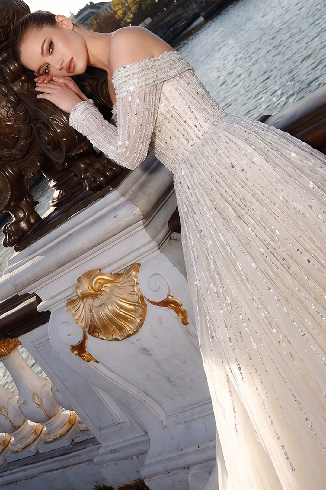 Off-The-Shoulder with Long Sleeve A-Line Dress