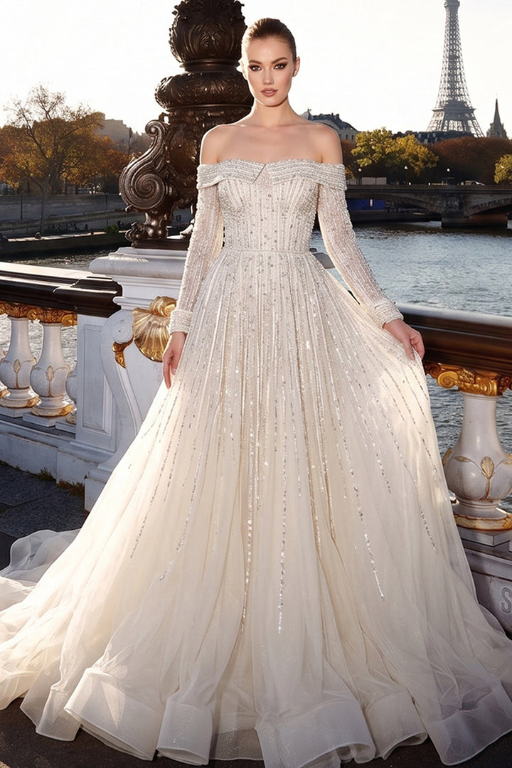 Off-The-Shoulder with Long Sleeve A-Line Dress