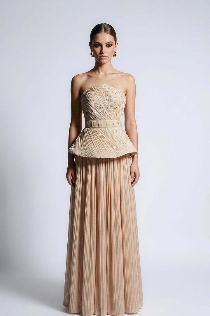 Strapless Pleated Dress with Peplum Waist