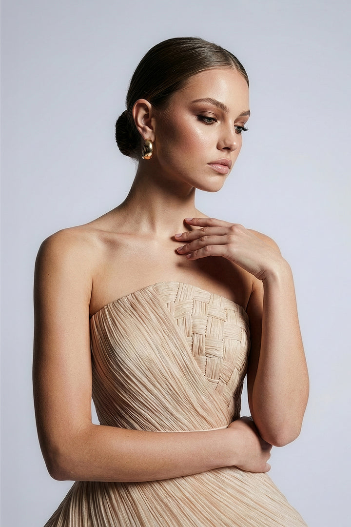 Strapless Pleated Dress with Peplum Waist