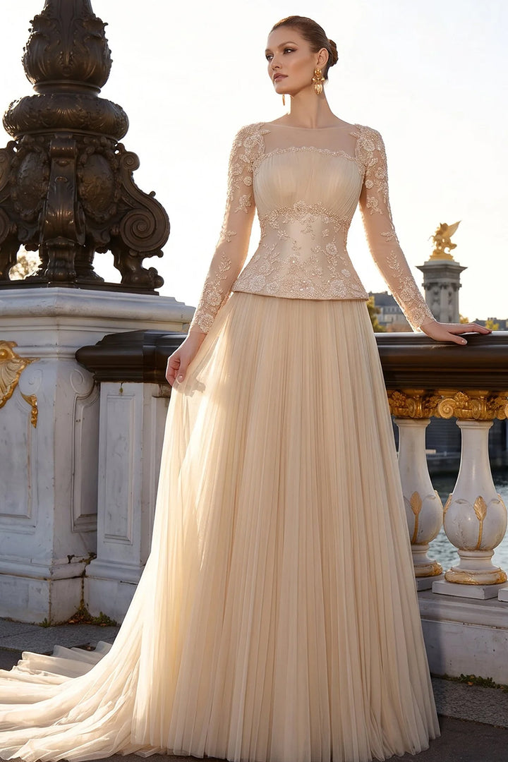 Lace Bodice Pleated Dress with Beaded Embroidery