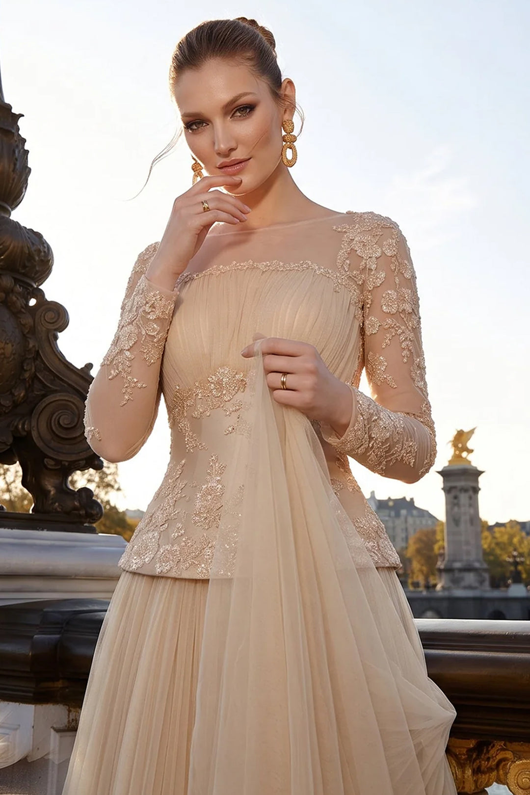 Lace Bodice Pleated Dress with Beaded Embroidery