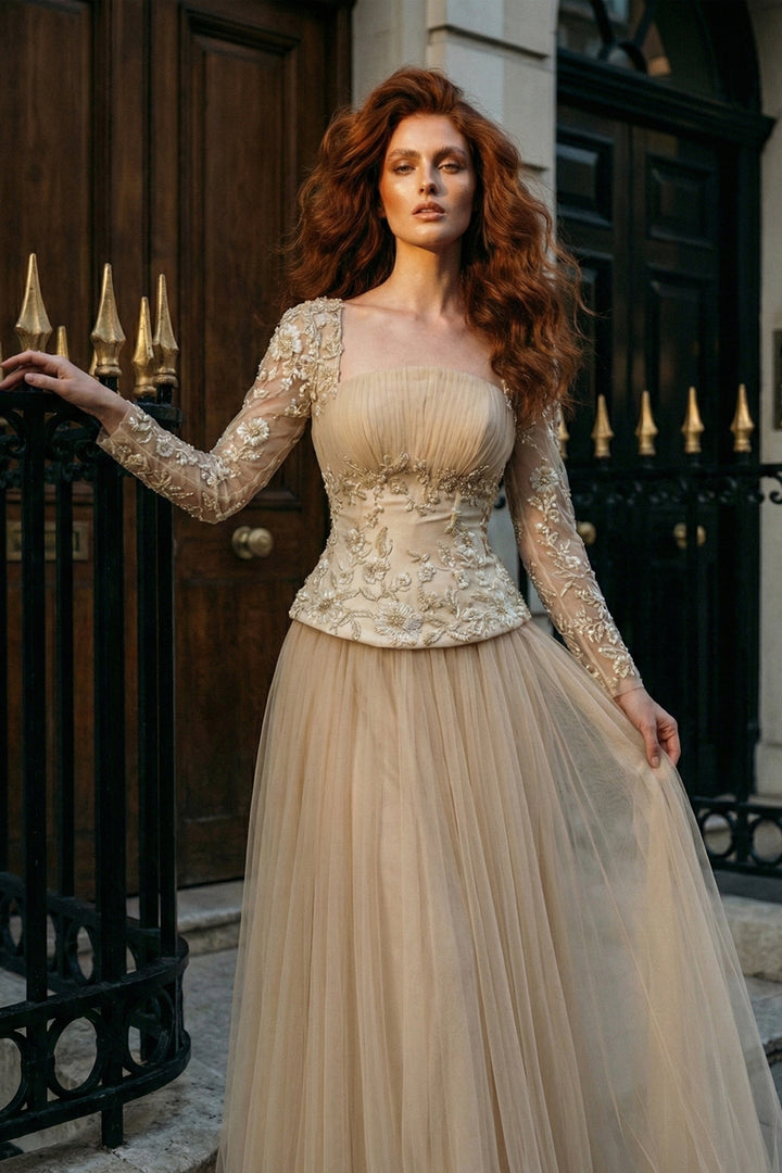 Lace Bodice Pleated Dress with Beaded Embroidery
