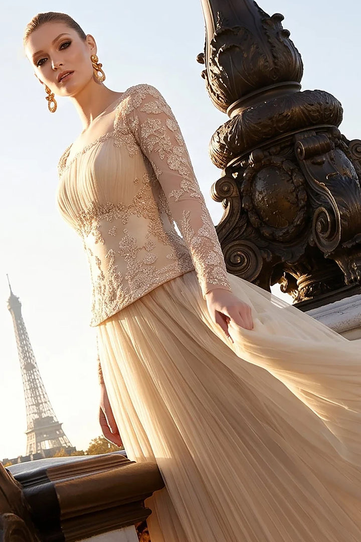 Lace Bodice Pleated Dress with Beaded Embroidery