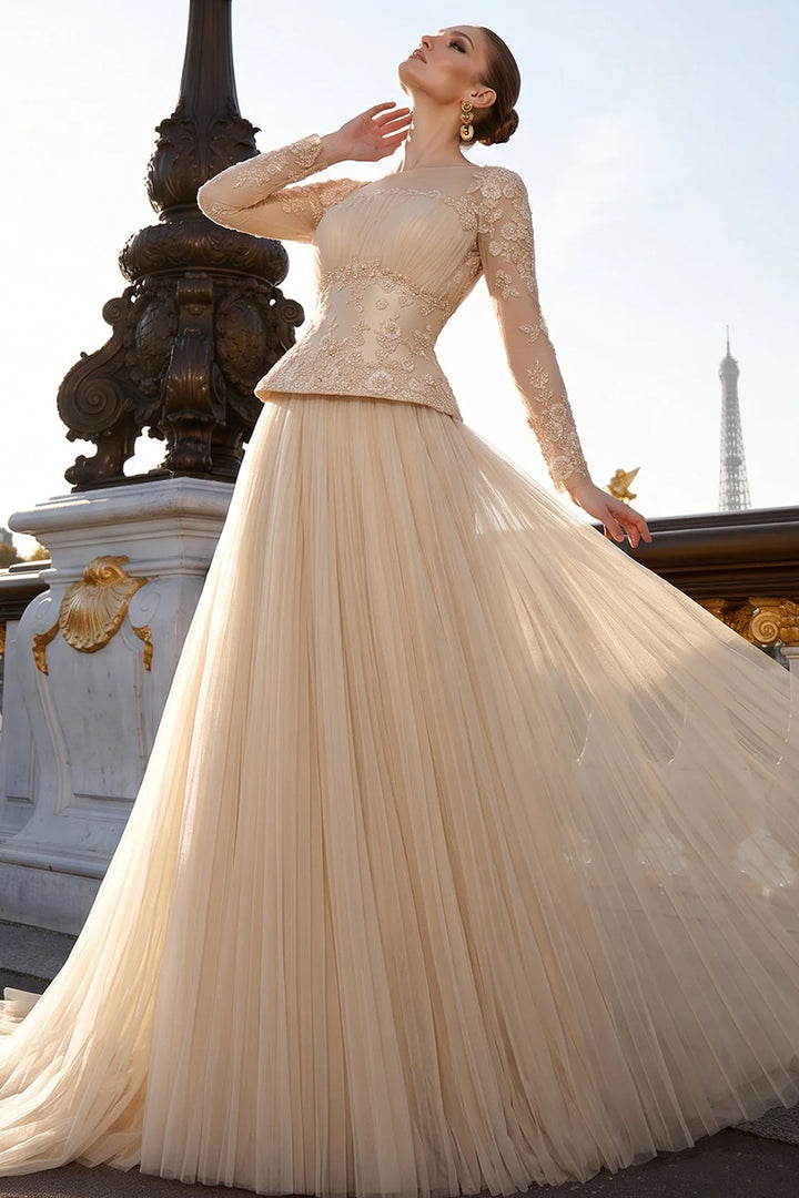 Lace Bodice Pleated Dress with Beaded Embroidery