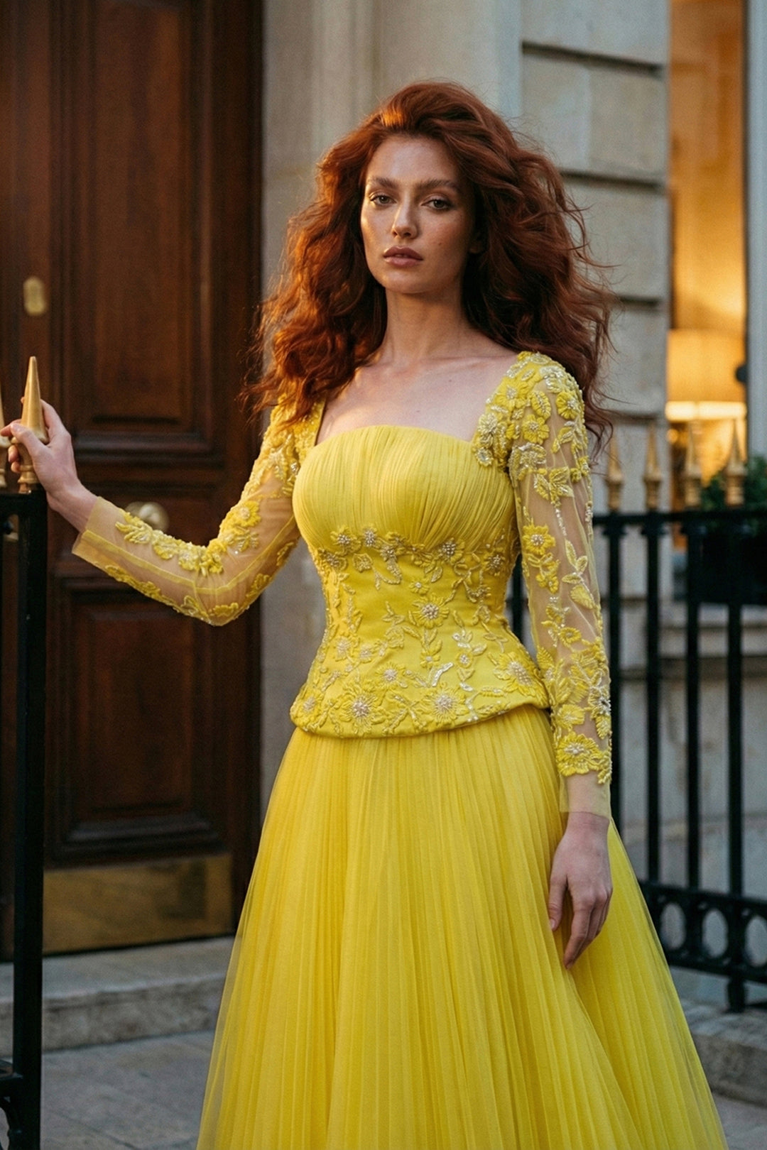 Lace Bodice Pleated Dress with Beaded Embroidery