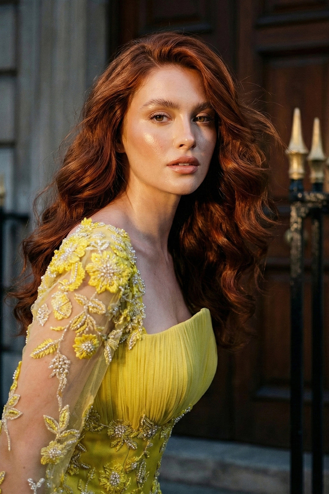 Lace Bodice Pleated Dress with Beaded Embroidery