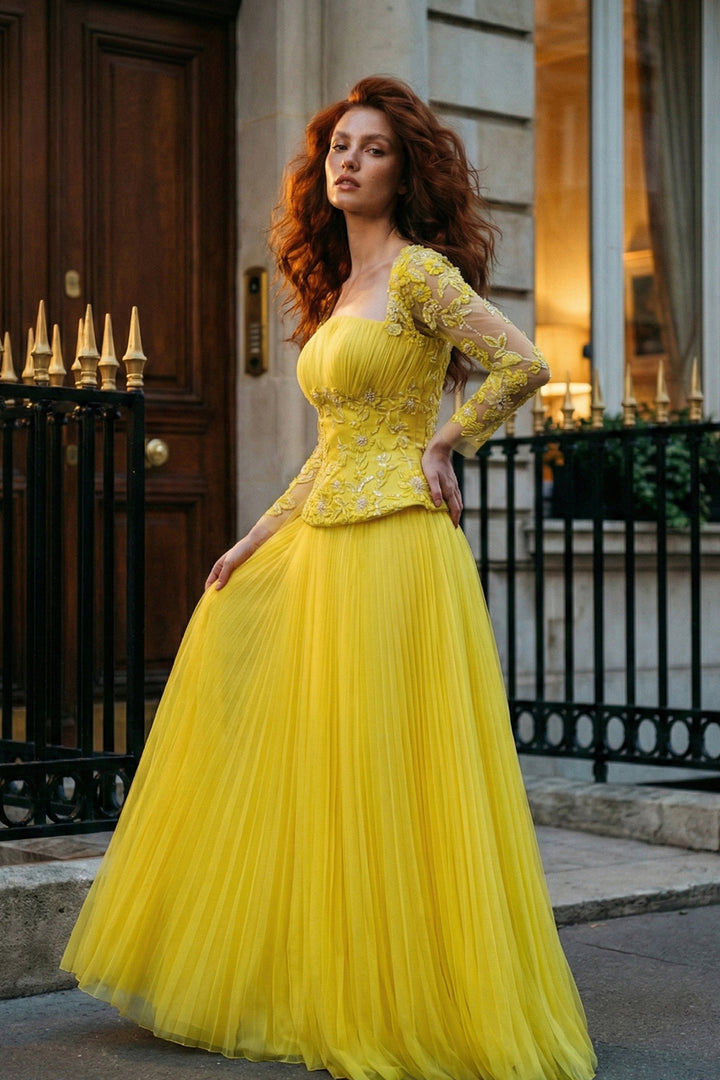 Lace Bodice Pleated Dress with Beaded Embroidery