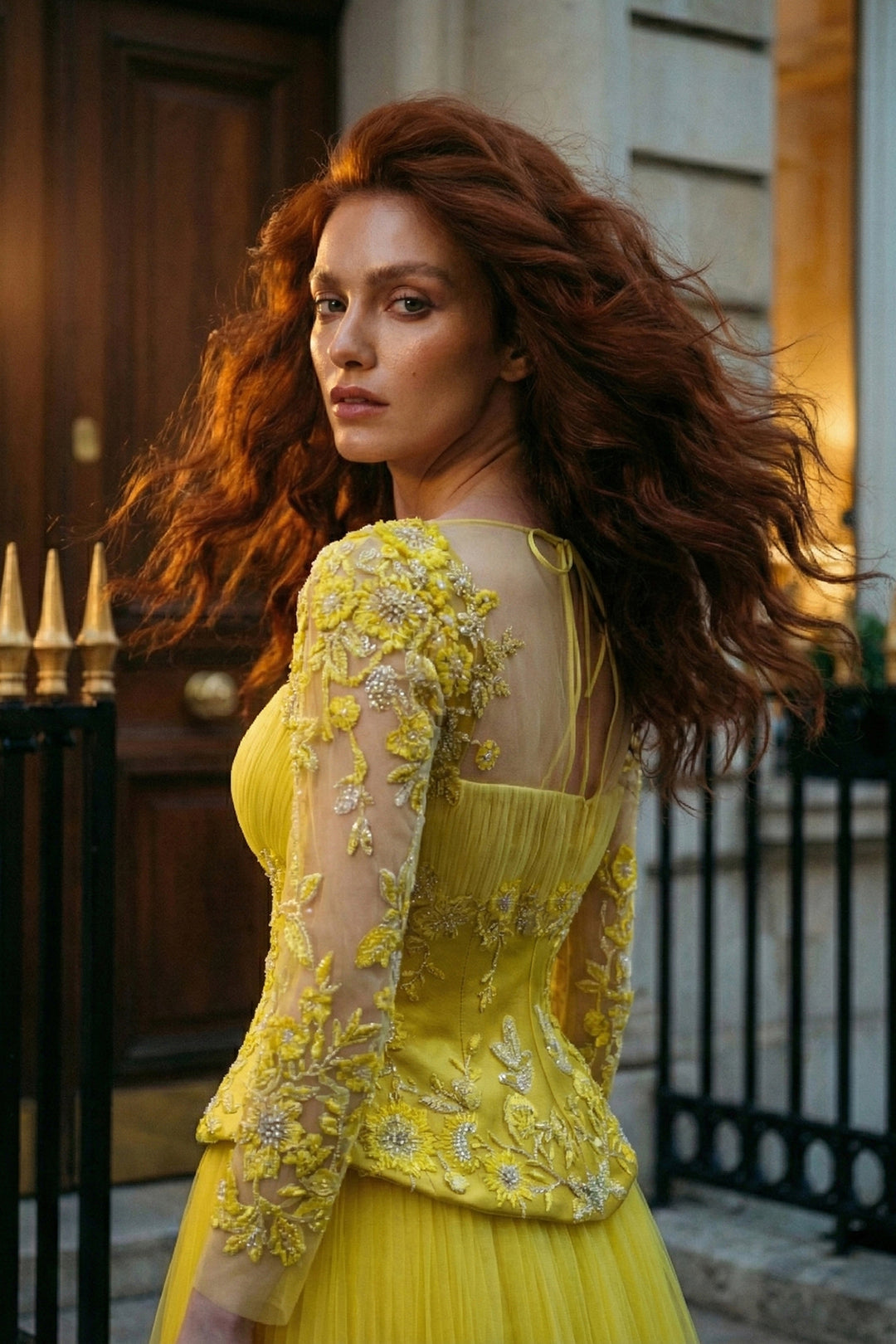 Lace Bodice Pleated Dress with Beaded Embroidery