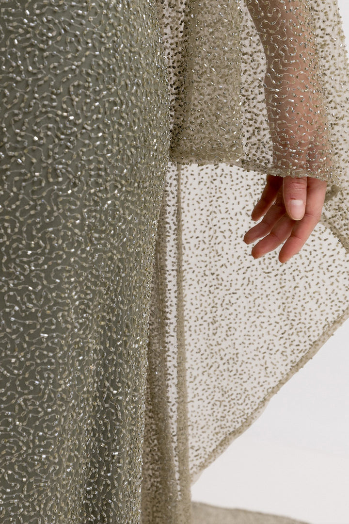 Beaded Long Dress with Cape and Rhinestones