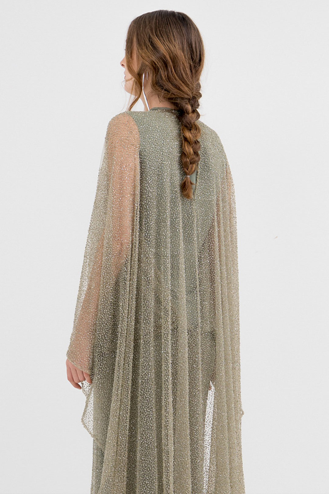 Beaded Long Dress with Cape and Rhinestones
