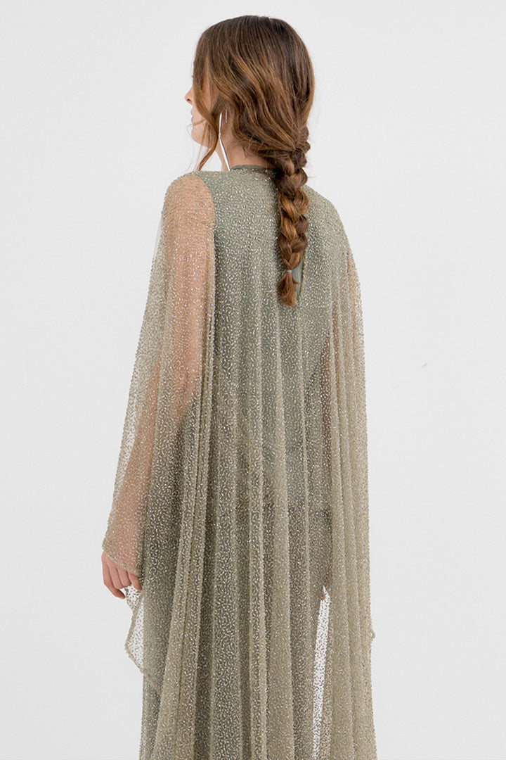 Beaded Long Dress with Cape and Rhinestones