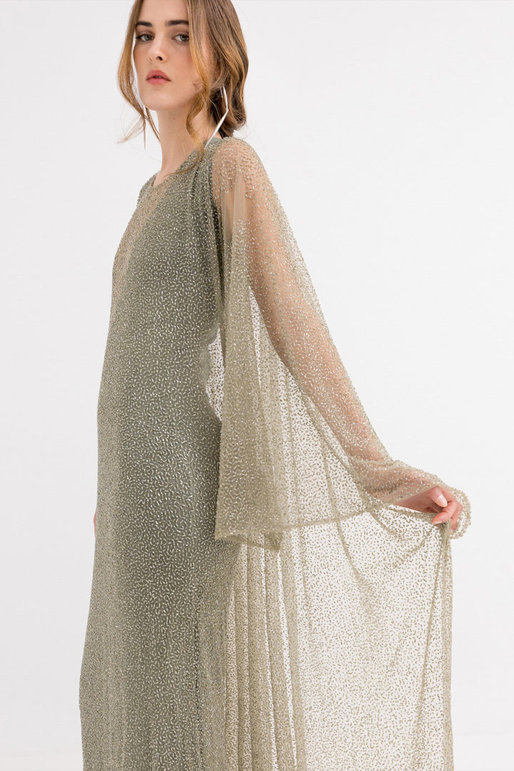 Beaded Long Dress with Cape and Rhinestones