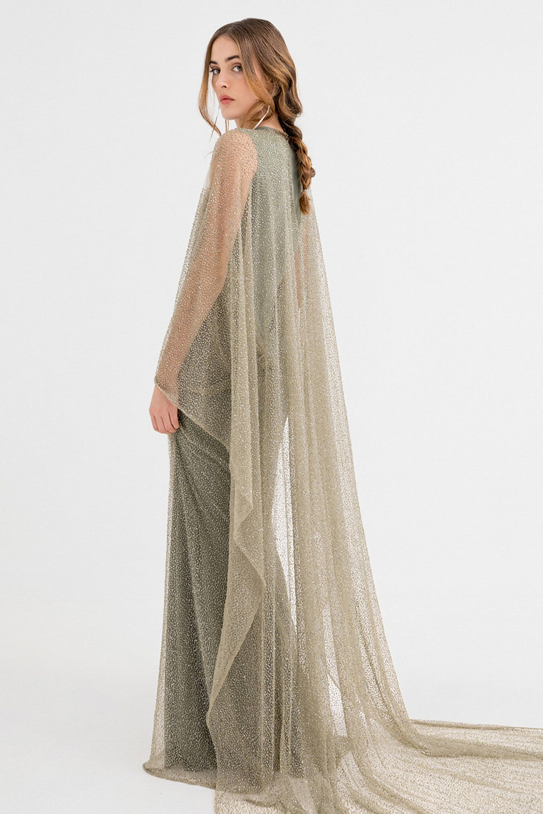 Beaded Long Dress with Cape and Rhinestones