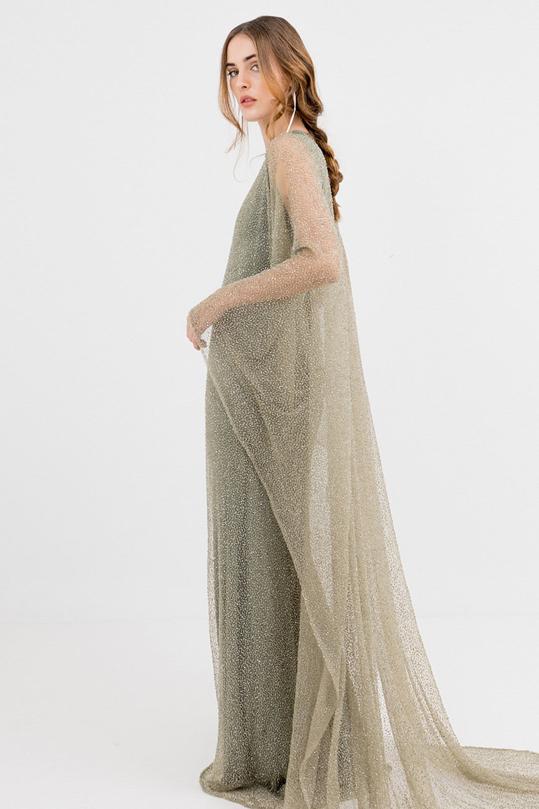 Beaded Long Dress with Cape and Rhinestones
