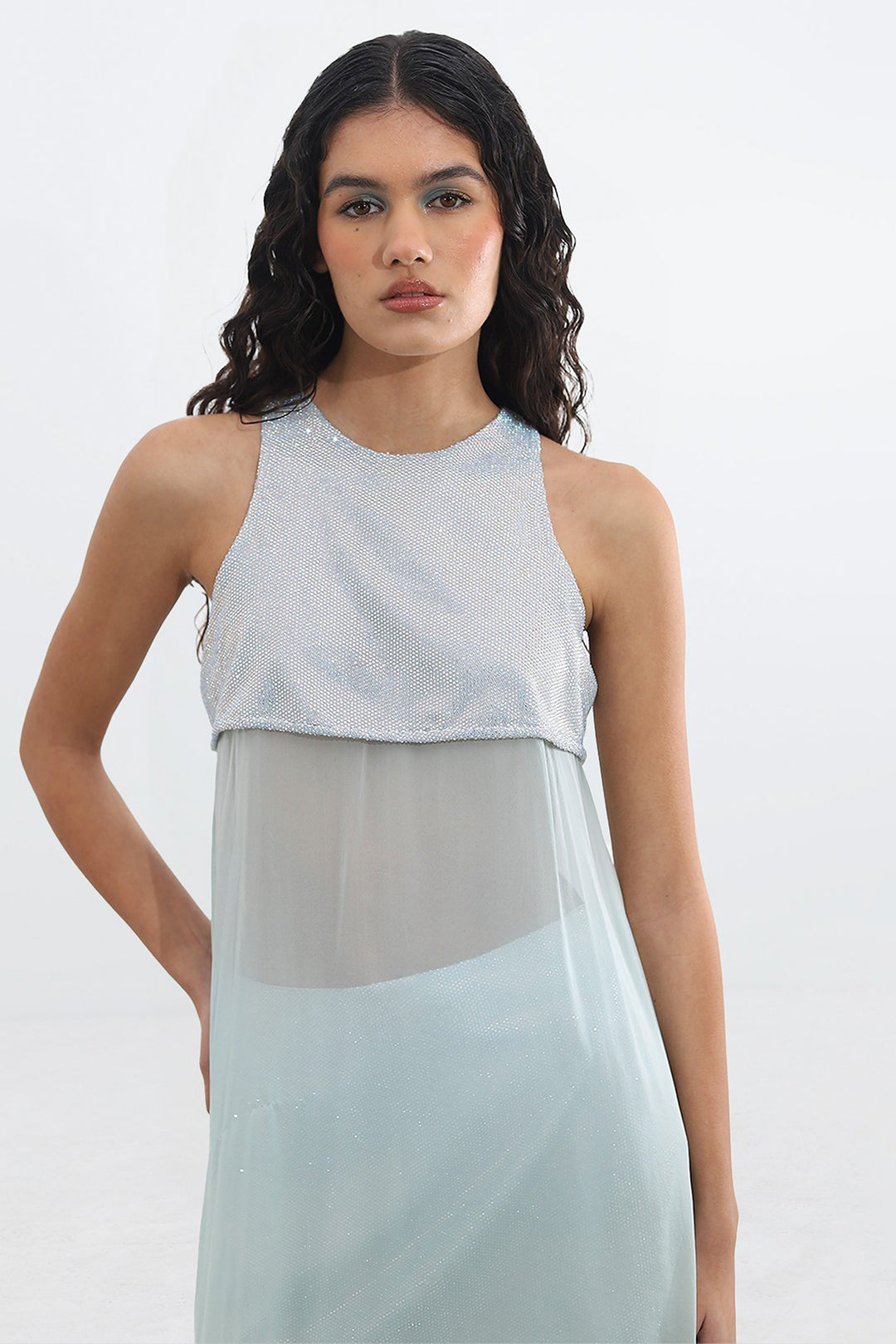 Long Dress with Crystalline Chest Embellishments
