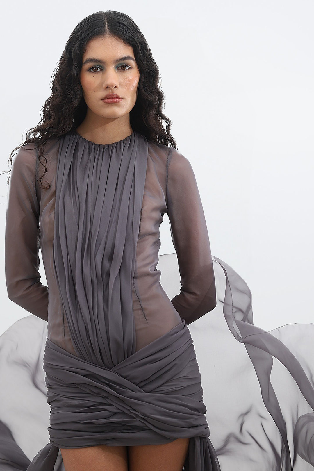 Long-Sleeve Silk Muslin Draped Mini Dress