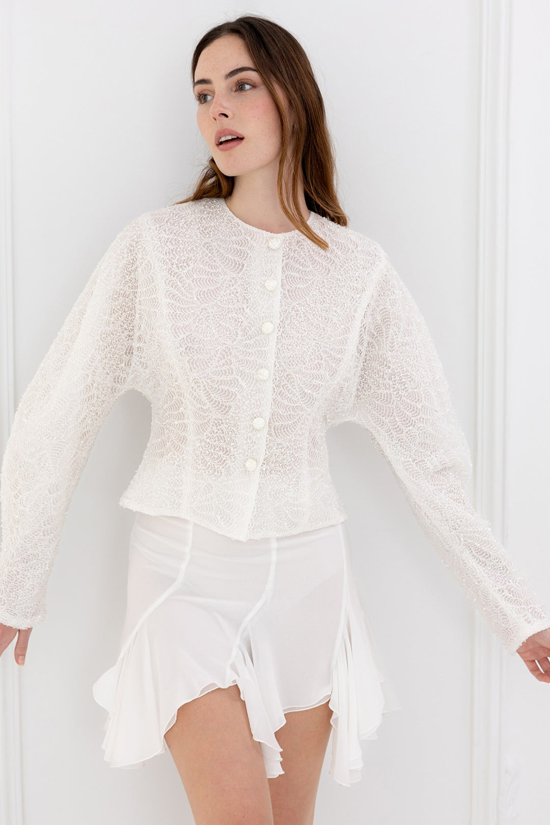 Set with Lace Blouse and Draped Mini Skirt