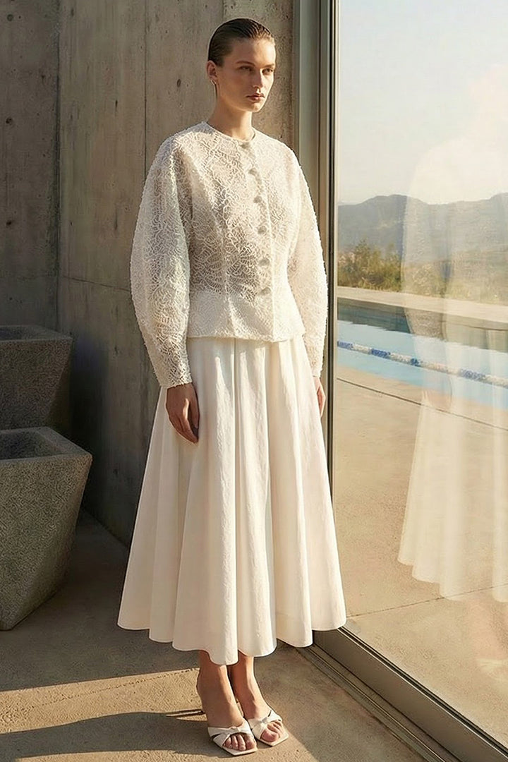 Set with Lace Blouse and Draped Mini Skirt