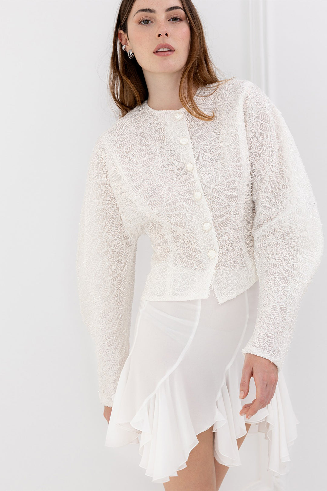 Set with Lace Blouse and Draped Mini Skirt