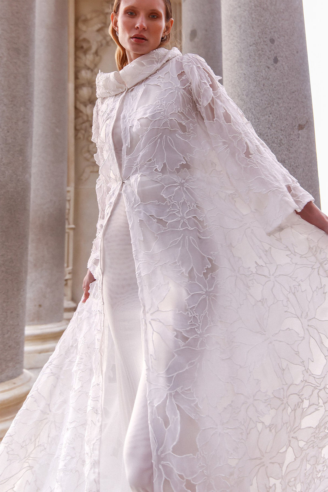 Minimalist Wedding Dress with Embossed Floral Coat