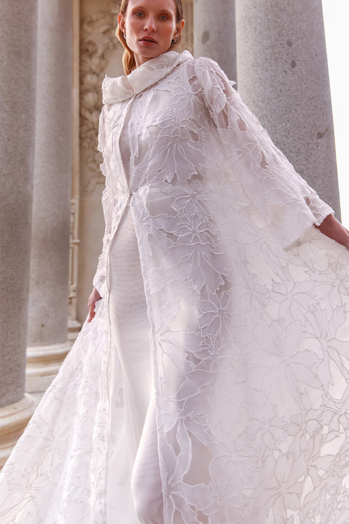 Minimalist Wedding Dress with Embossed Floral Coat