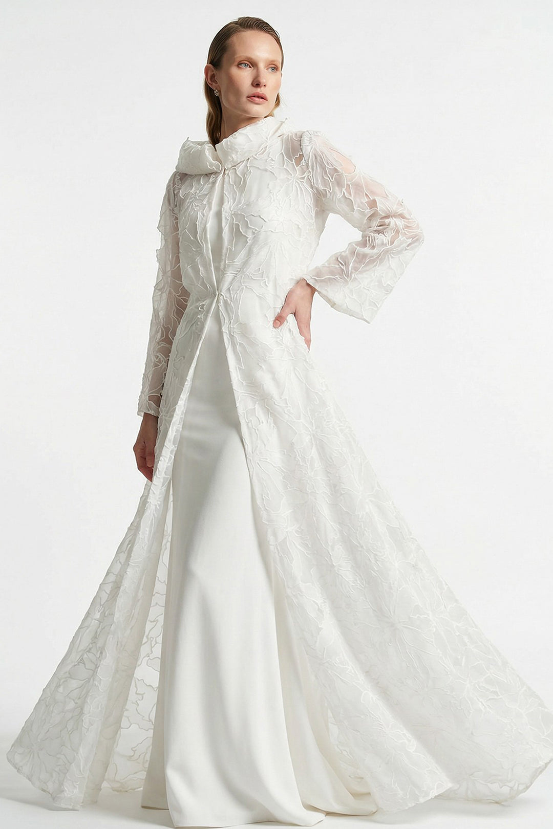 Minimalist Wedding Dress with Embossed Floral Coat