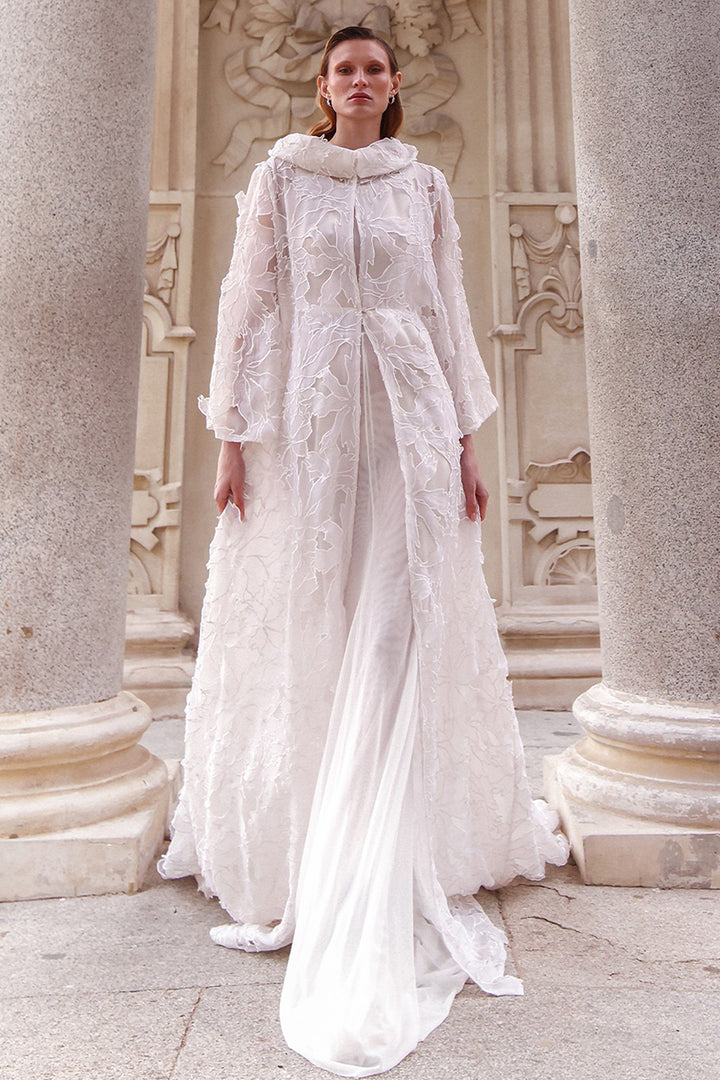 Minimalist Wedding Dress with Embossed Floral Coat