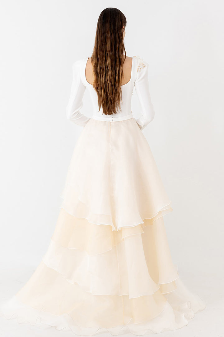 Wedding Dress with Square Neckline and Floral Details