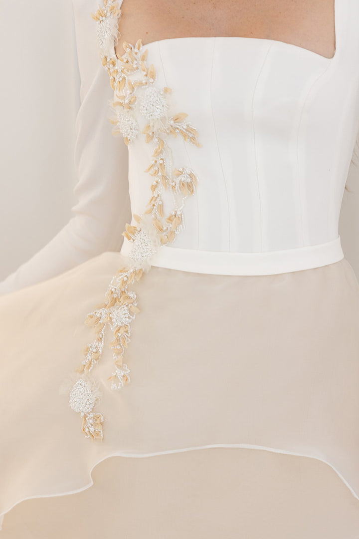 Wedding Dress with Square Neckline and Floral Details
