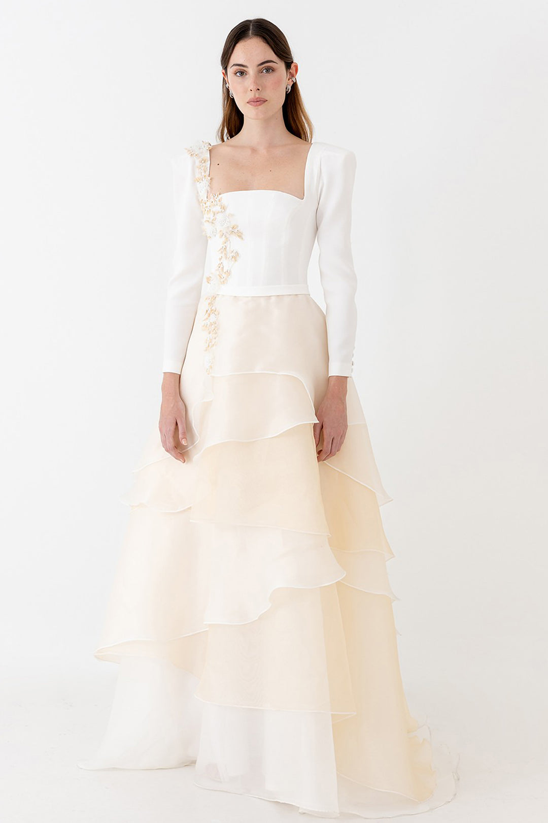 Wedding Dress with Square Neckline and Floral Details