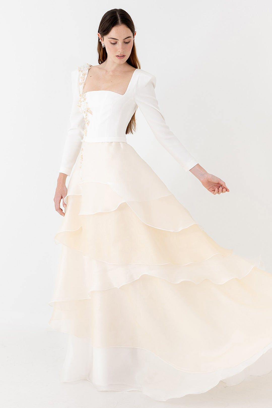 Wedding Dress with Square Neckline and Floral Details