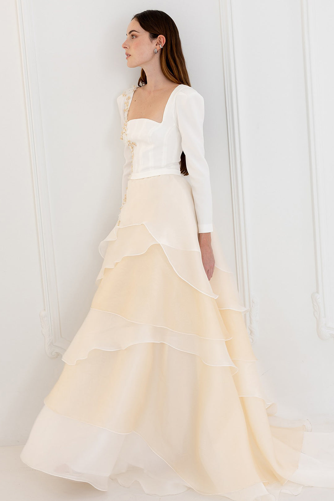 Wedding Dress with Square Neckline and Floral Details