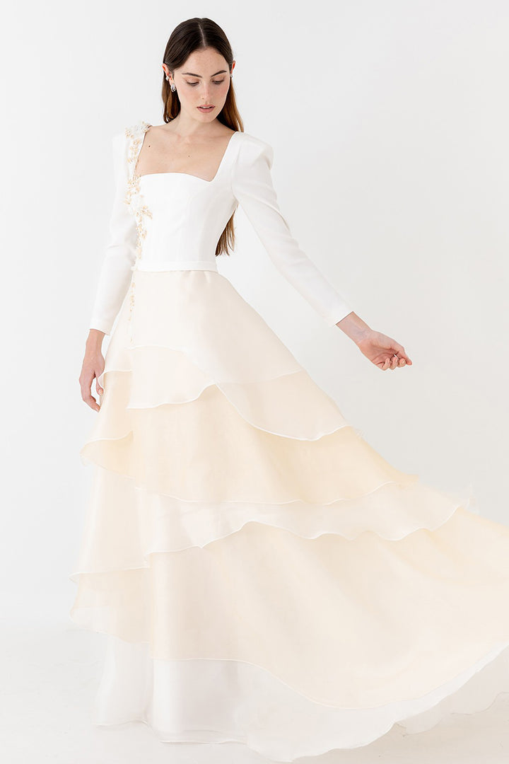 Wedding Dress with Square Neckline and Floral Details