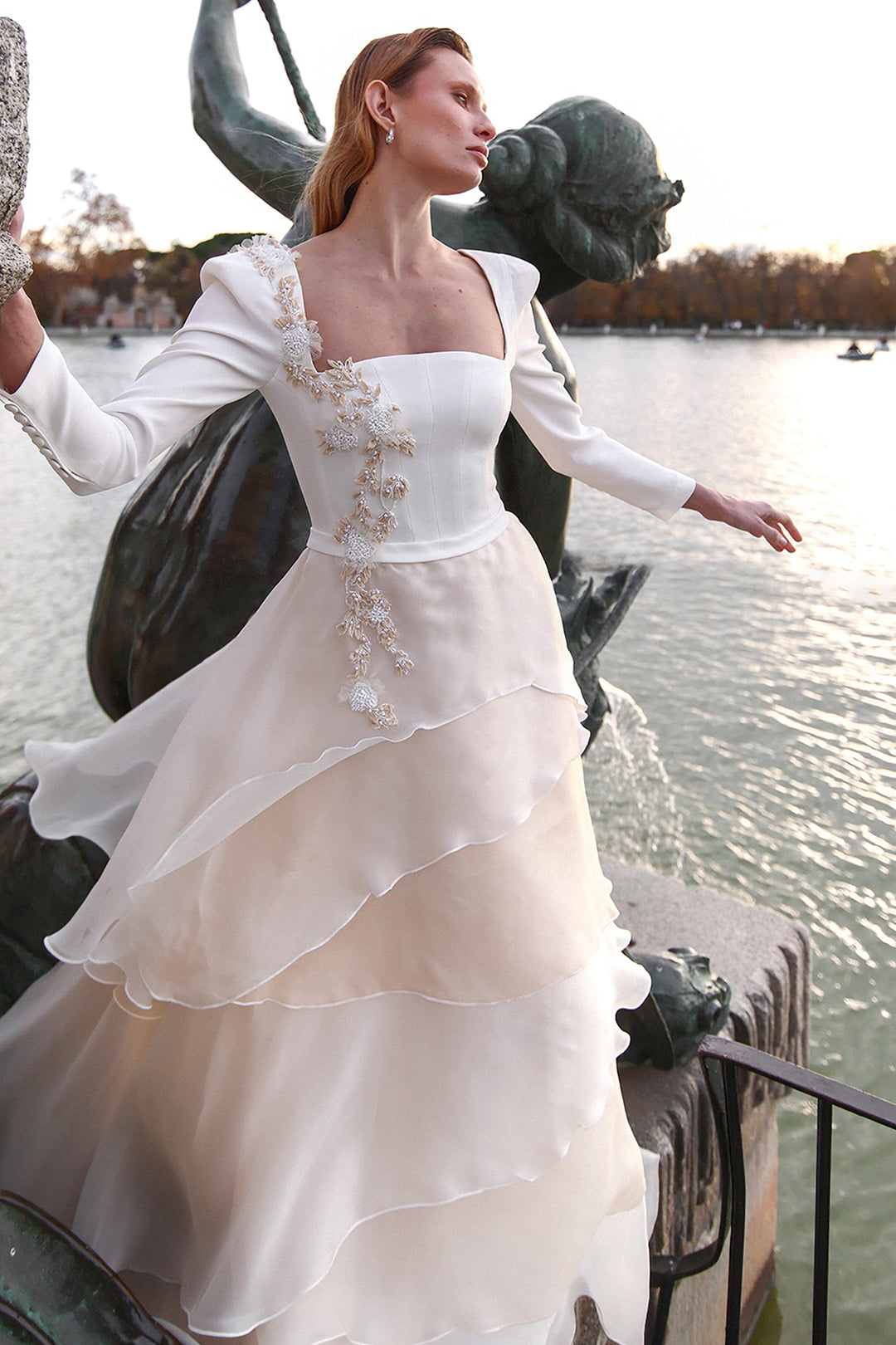 Wedding Dress with Square Neckline and Floral Details White / FR 44