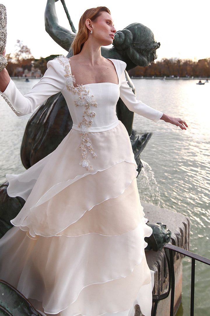 Wedding Dress with Square Neckline and Floral Details