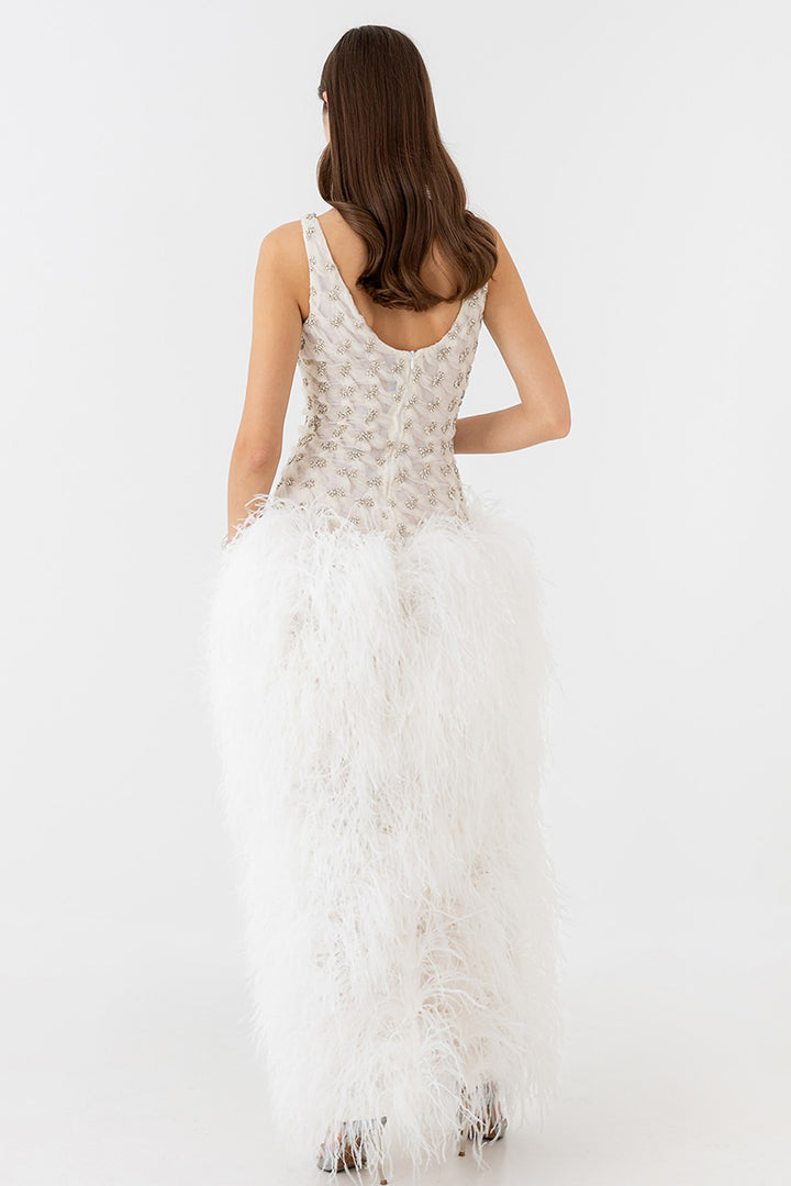 Wedding Dress with Sparkling Bodice and Feather Skirt