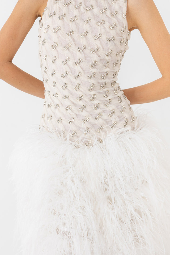 Wedding Dress with Sparkling Bodice and Feather Skirt