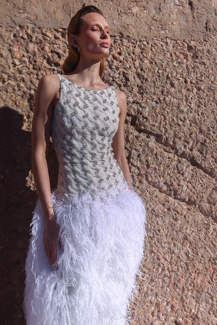 Wedding Dress with Sparkling Bodice and Feather Skirt
