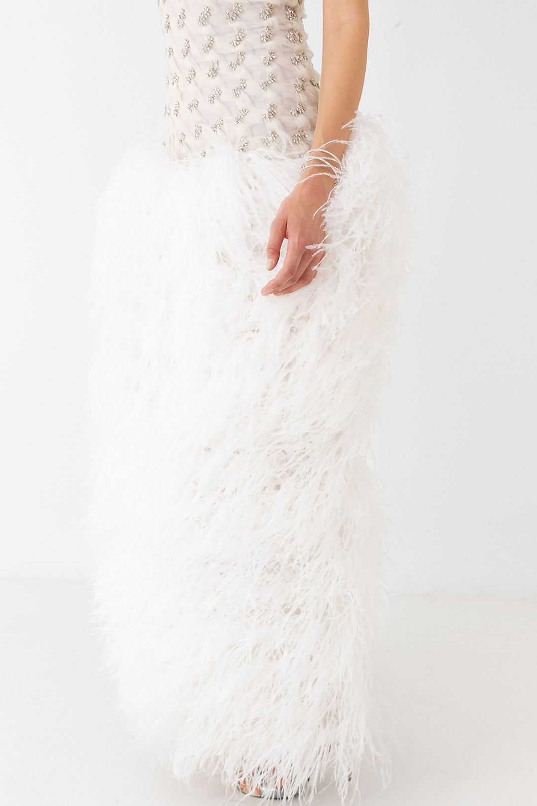 Wedding Dress with Sparkling Bodice and Feather Skirt