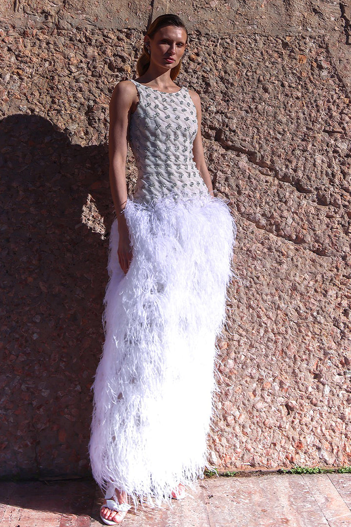 Wedding Dress with Sparkling Bodice and Feather Skirt