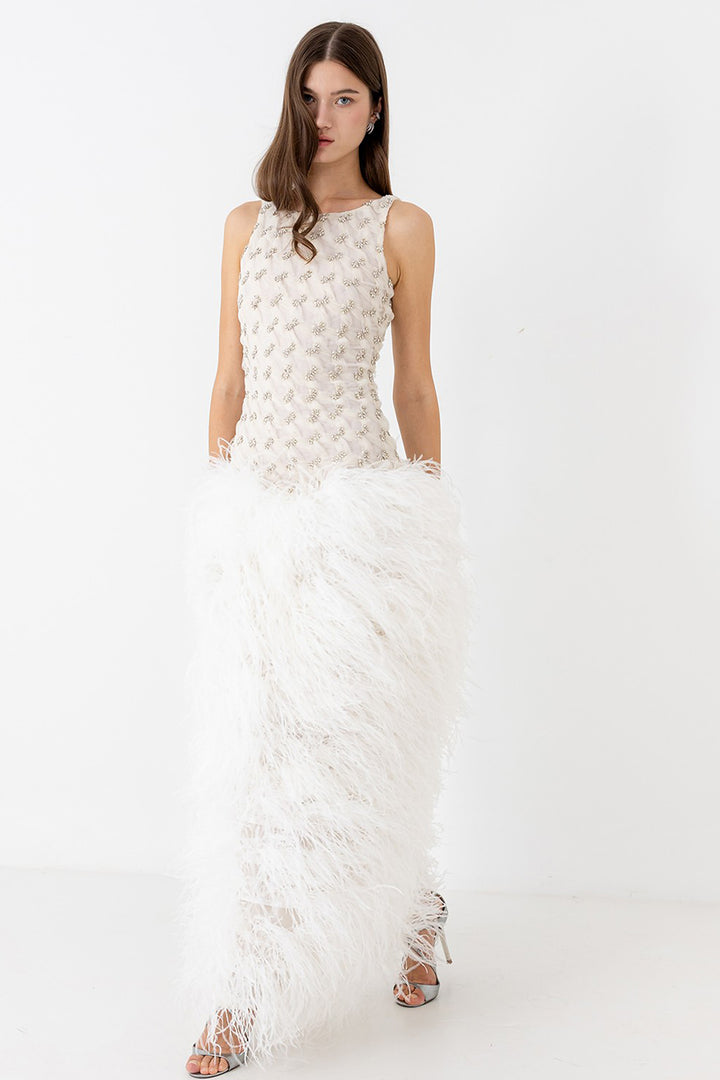 Wedding Dress with Sparkling Bodice and Feather Skirt