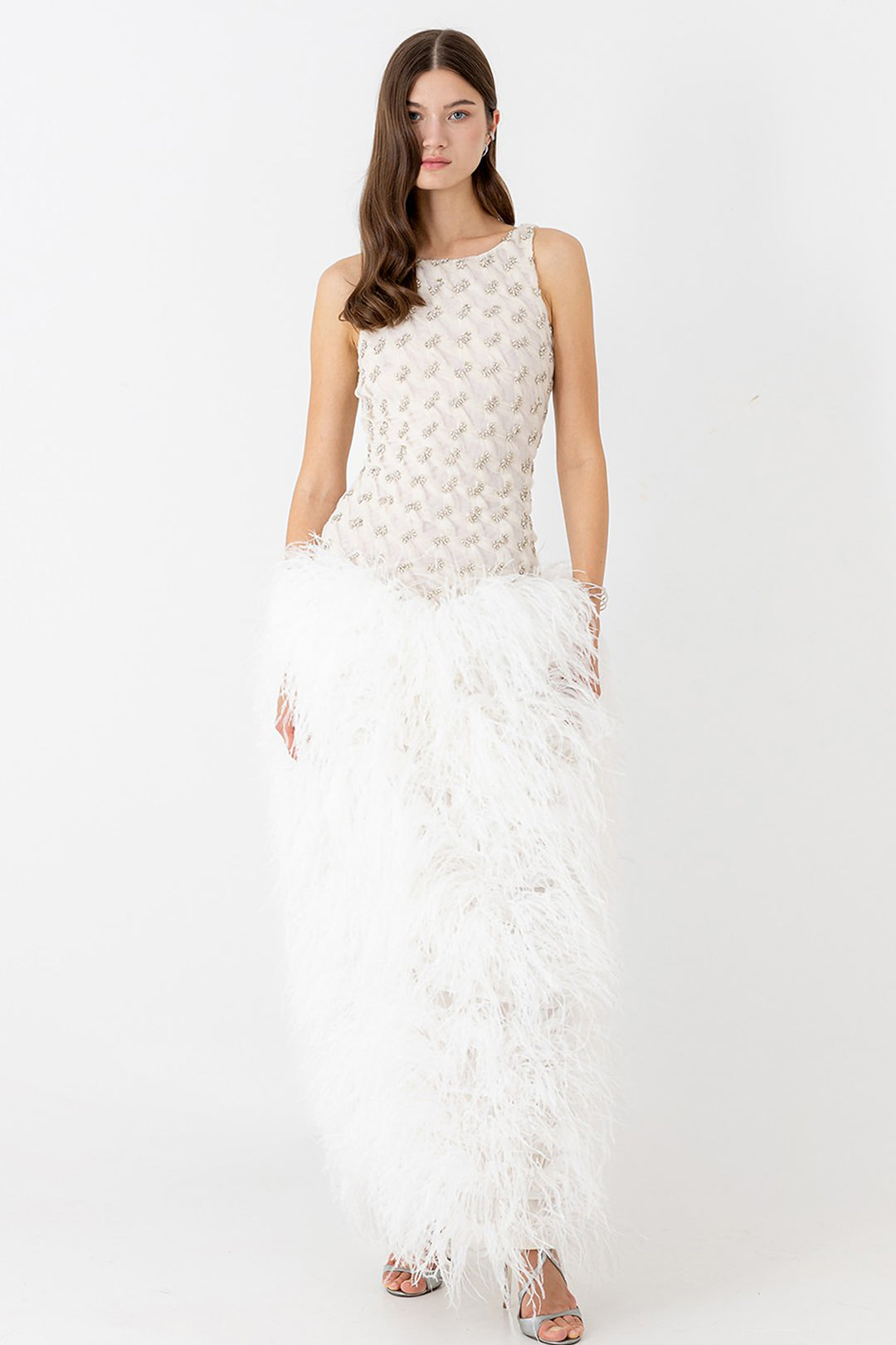 Wedding Dress with Sparkling Bodice and Feather Skirt