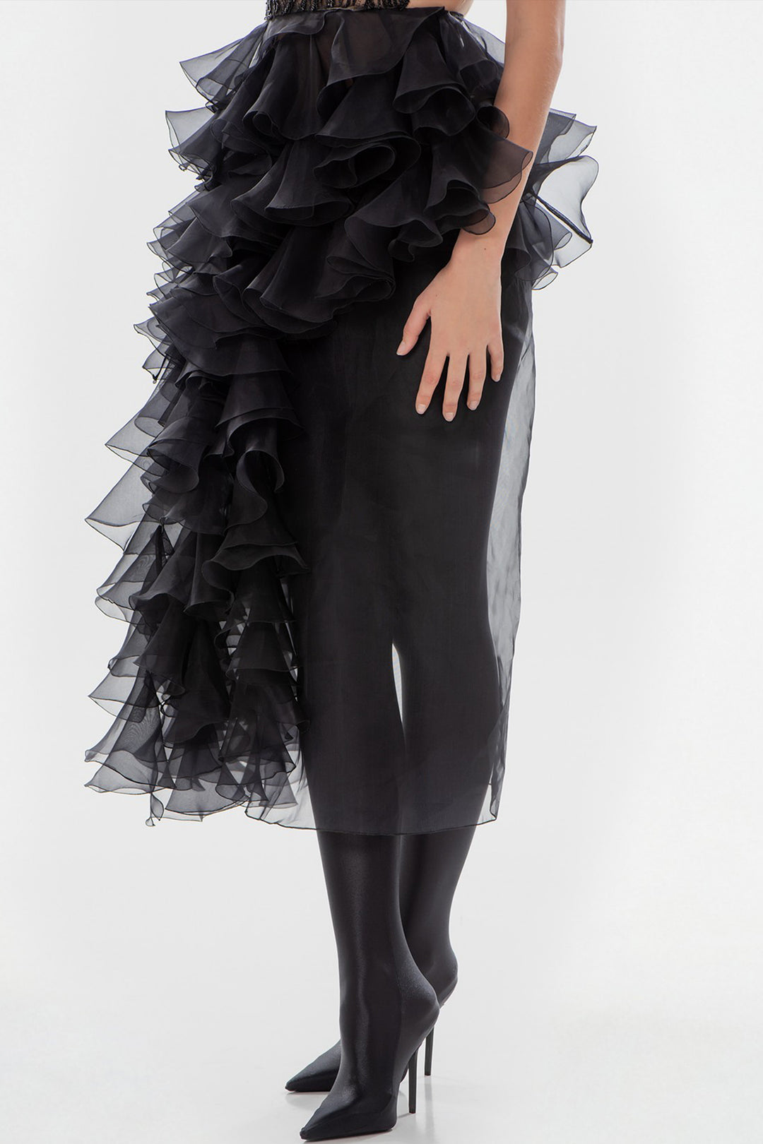 Midi Dress with Ruffles and Tulle Rhinestone Chest Plate