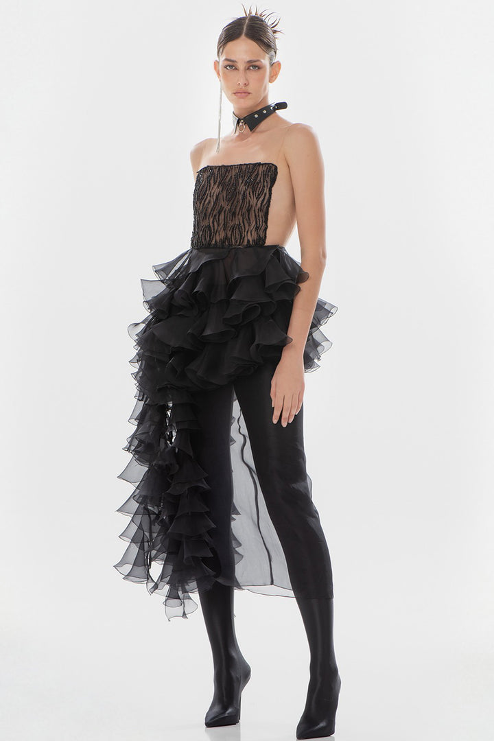 Midi Dress with Ruffles and Tulle Rhinestone Chest Plate