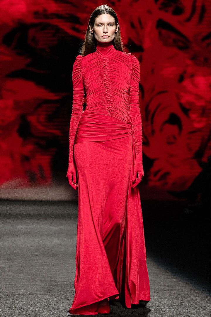 Long Dress with Draping and High Neck