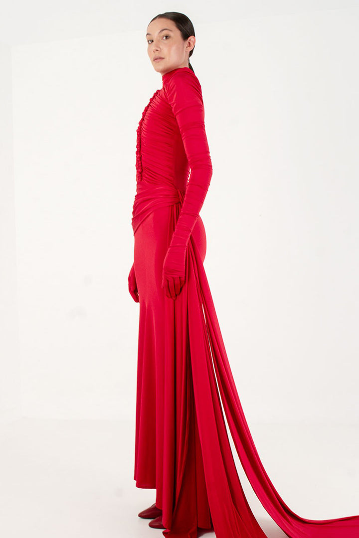 Long Dress with Draping and High Neck