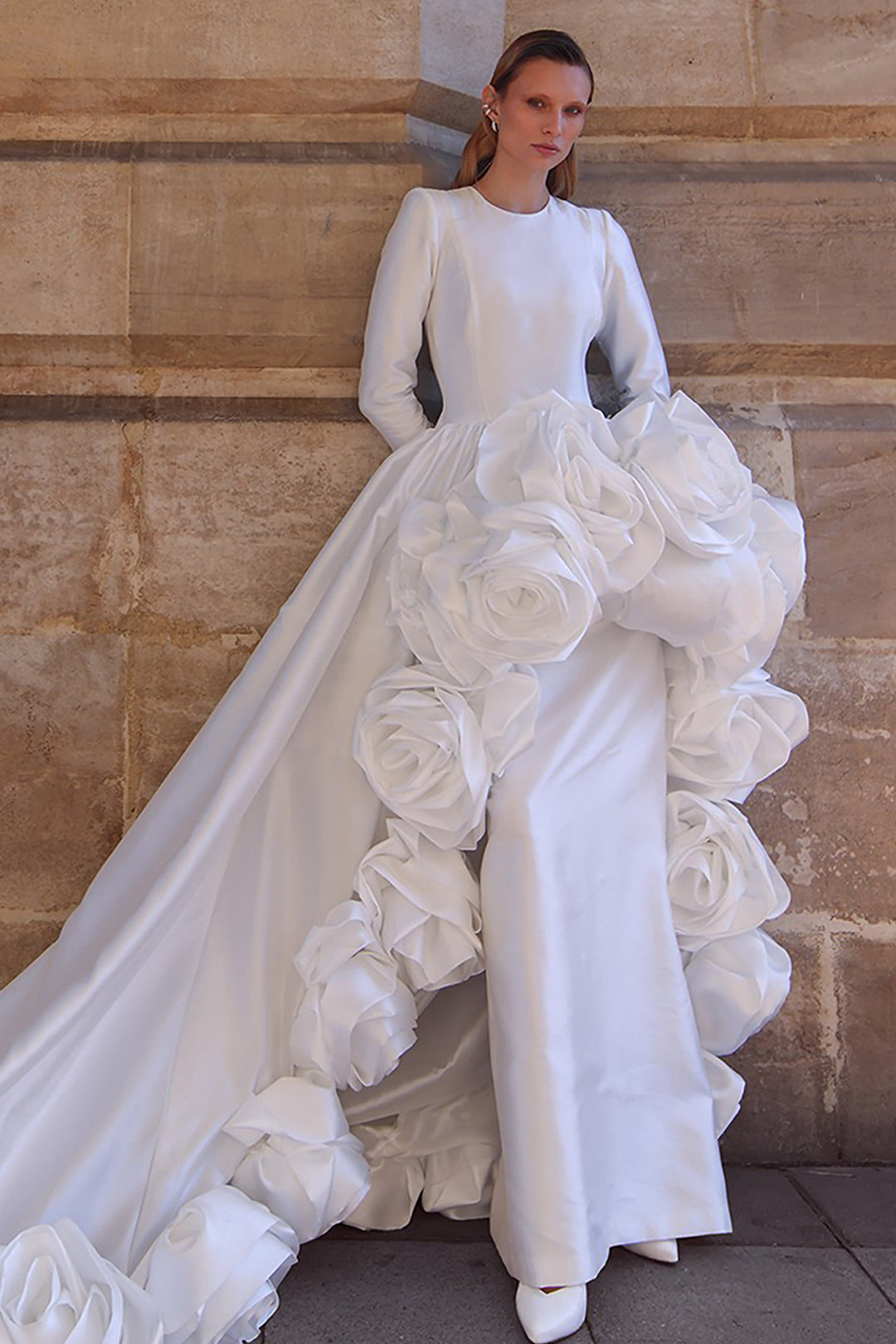 Sculptural Wedding Dress with 3D Flowers White / FR 54