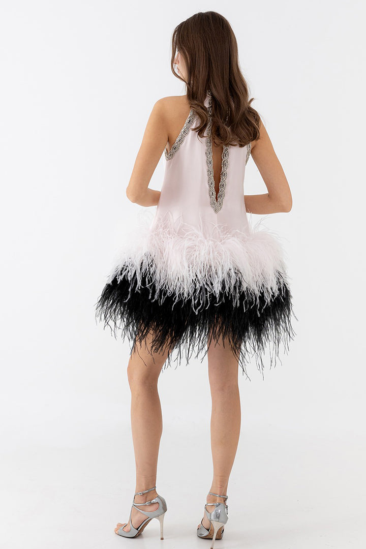 Feather Mini Dress with Crystal Halter Neckline