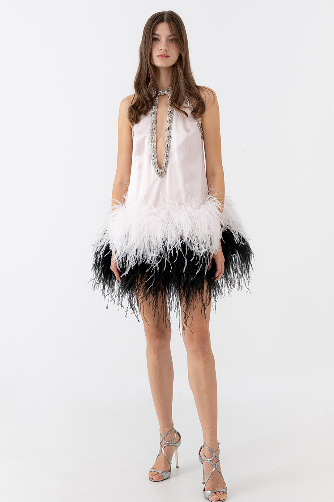 Feather Mini Dress with Crystal Halter Neckline Nude / FR 38
